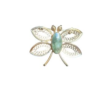 Vintage Gold Tone Filigree Butterfly Brooch Green Jade Cabochon Insect Pin